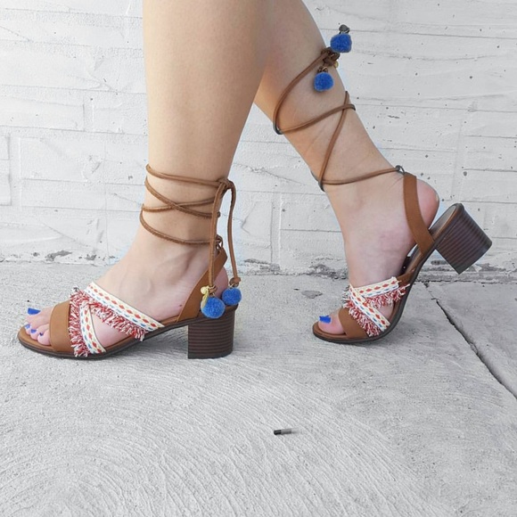 Urban Outfitters Shoes - Leather Stylish Bohemian Pom Pom Block Heel Sandal